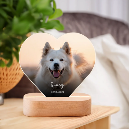 Hartvormig gepersonaliseerd LED-nachtlampje met hondenfoto, gemonteerd op een houten voet.