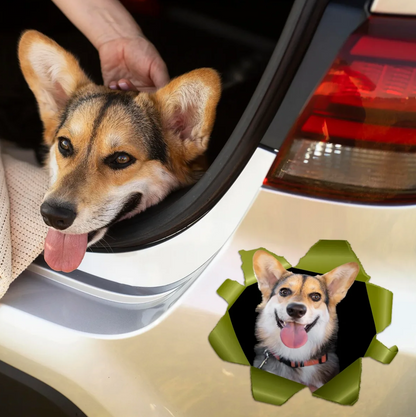 Gepersonaliseerde autosticker met hondenmotief, toont een lachende corgi in een opening.