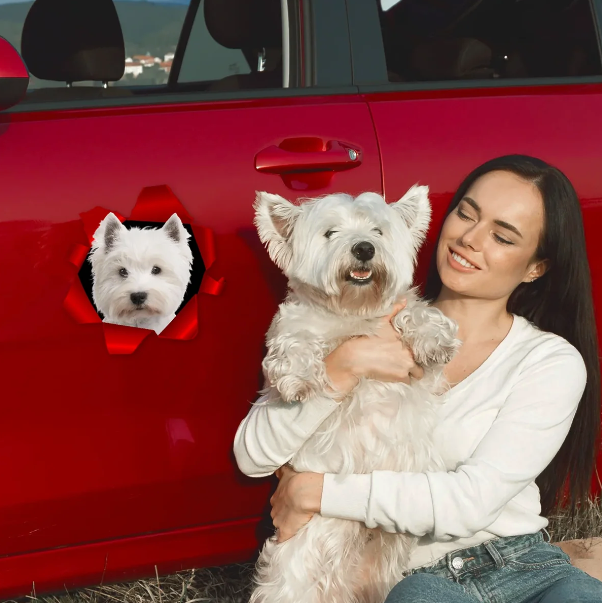 Persoon met een witte hond, rode auto op de achtergrond, autosticker met hondenfoto.