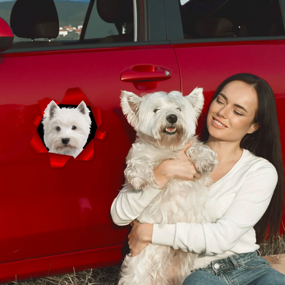 Persoon met een witte hond, rode auto op de achtergrond, autosticker met hondenfoto.