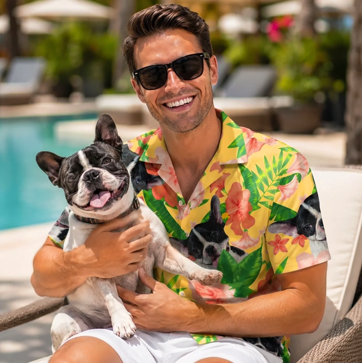 Gepersonaliseerde Hawaï-overhemden met kleurrijk bloemen- en plantenpatroon, gedragen door een man met een hond.
