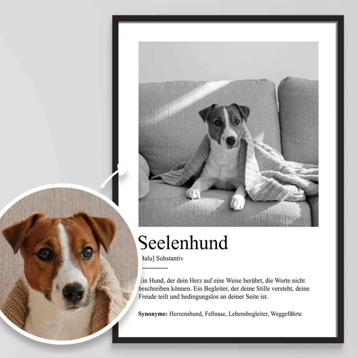 Gepersonaliseerde poster met de definitie van zielsdier en een hondenfoto op de achtergrond.