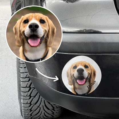 Gepersonaliseerde autosticker met foto van een beagle en de tekst "Bau".
