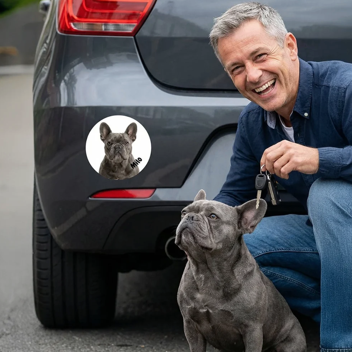 Gepersonaliseerde autosticker met hondenafbeelding op een grijze auto, ernaast een lachende man met een hond.