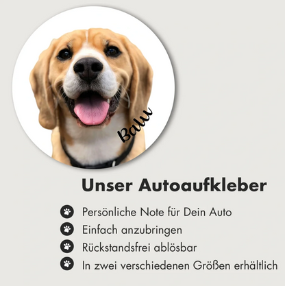 Ronde autosticker met foto van een beagle en de tekst "Balu".
