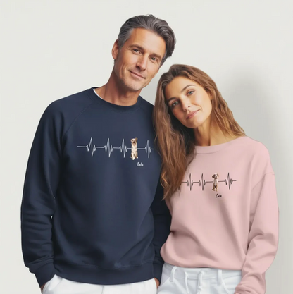 Twee gepersonaliseerde sweaters in donkerblauw en roze met hartslagontwerp en hondenmotieven.