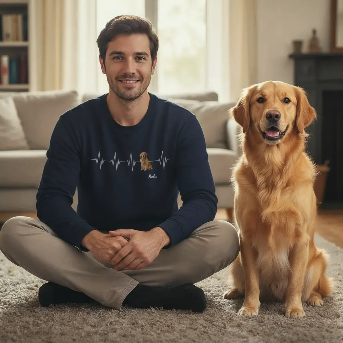 Man zit op het vloerkleed in de woonkamer in een zwarte sweater met hartslagmotief, ernaast een golden retriever.