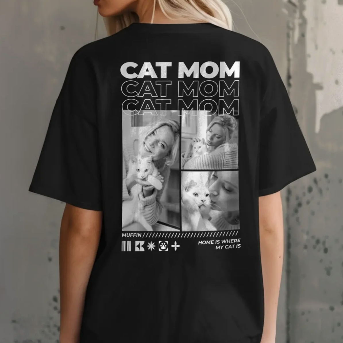 T-shirt noir avec l'inscription "Cat Mom" et des photos de chats et d'une femme au dos.
