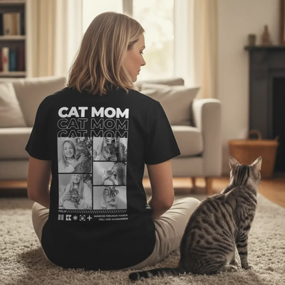 T-shirt noir avec l'inscription "CAT MOM" et des photos d'animaux au dos, porté par une femme avec un chat.
