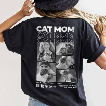 T-shirt noir avec collage photo et l'inscription "Cat Mom" au dos.