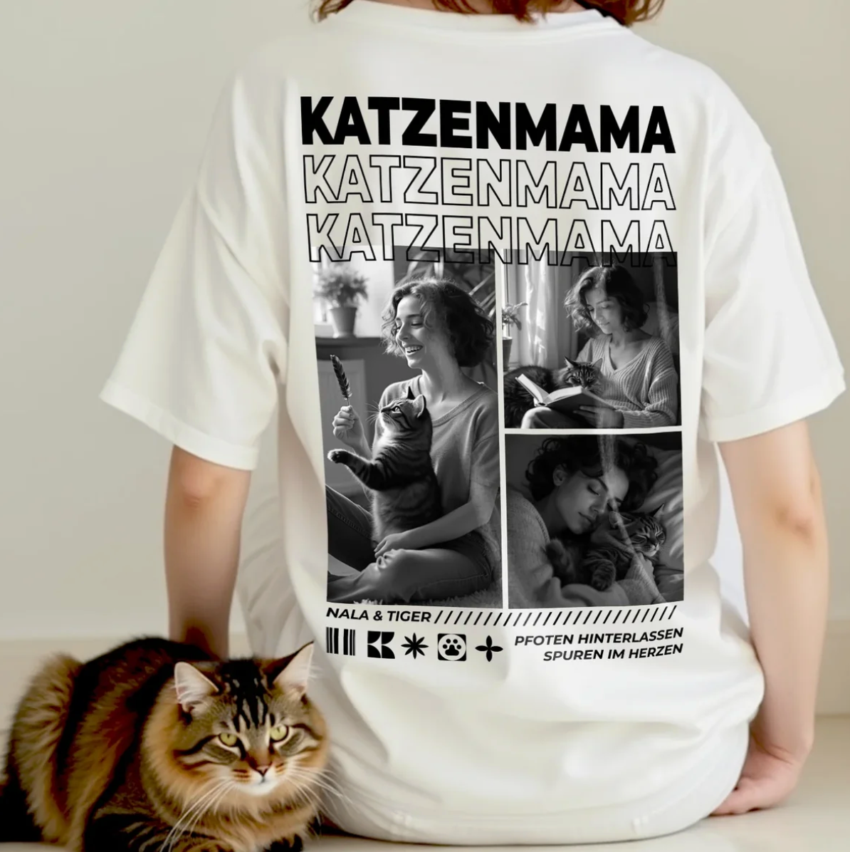 T-shirt blanc avec l'inscription "Katzenmama" et collage photo de propriétaires de chats.