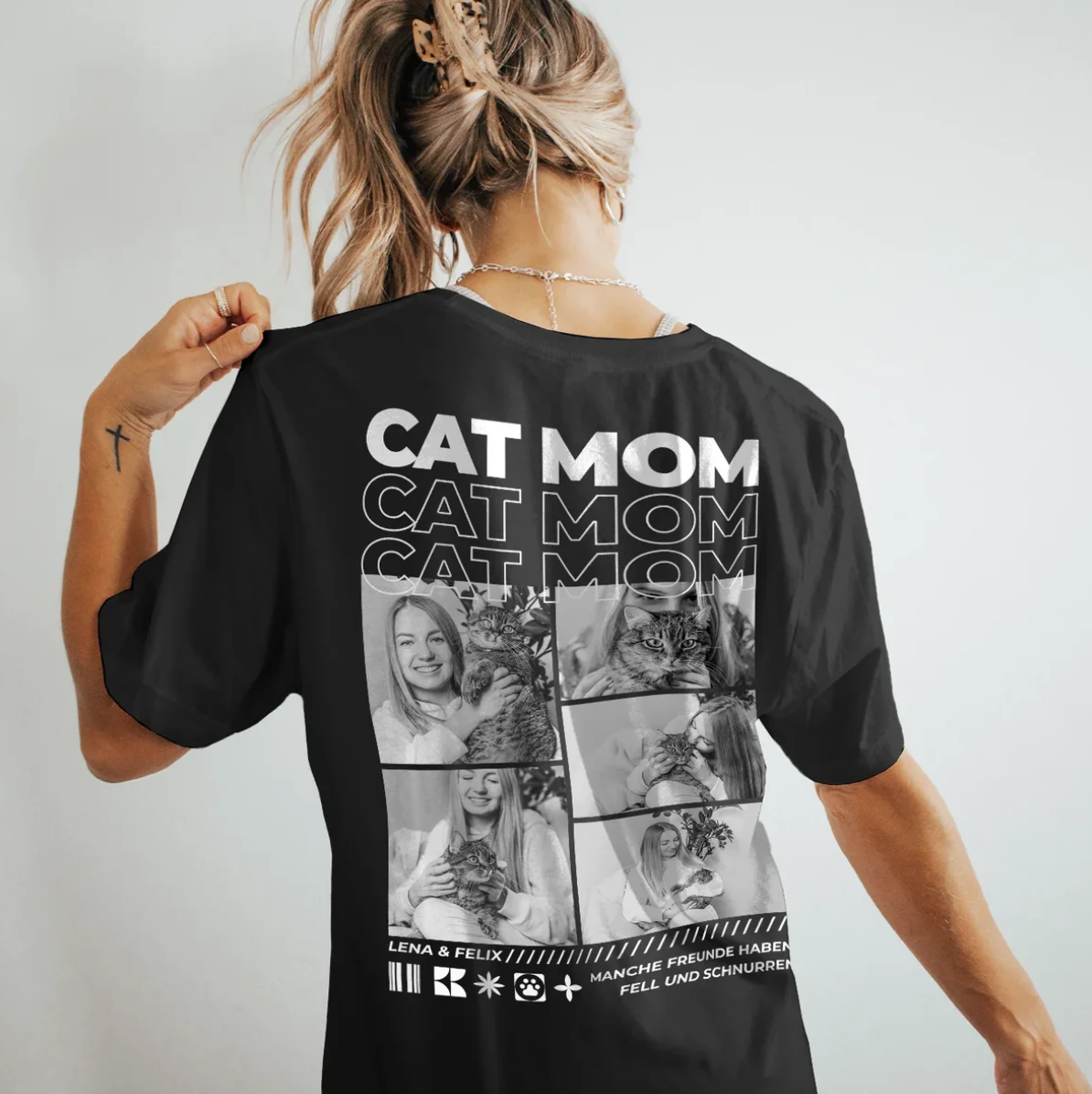 T-shirt noir avec l'inscription "CAT MOM" et des photos de chats et d'une femme au dos.
