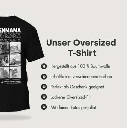 T-shirt noir personnalisé avec l'inscription "Cat Mom", 100 % coton, coupe oversize ample.