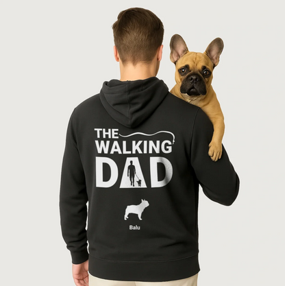 Zwarte hoodie met opdruk "THE WALKING DAD" en een hondenmotief op de rug.