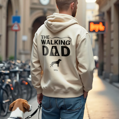 Beige hoodie met opdruk "THE WALKING DAD" en hondenmotief, ideaal voor hondenouders.