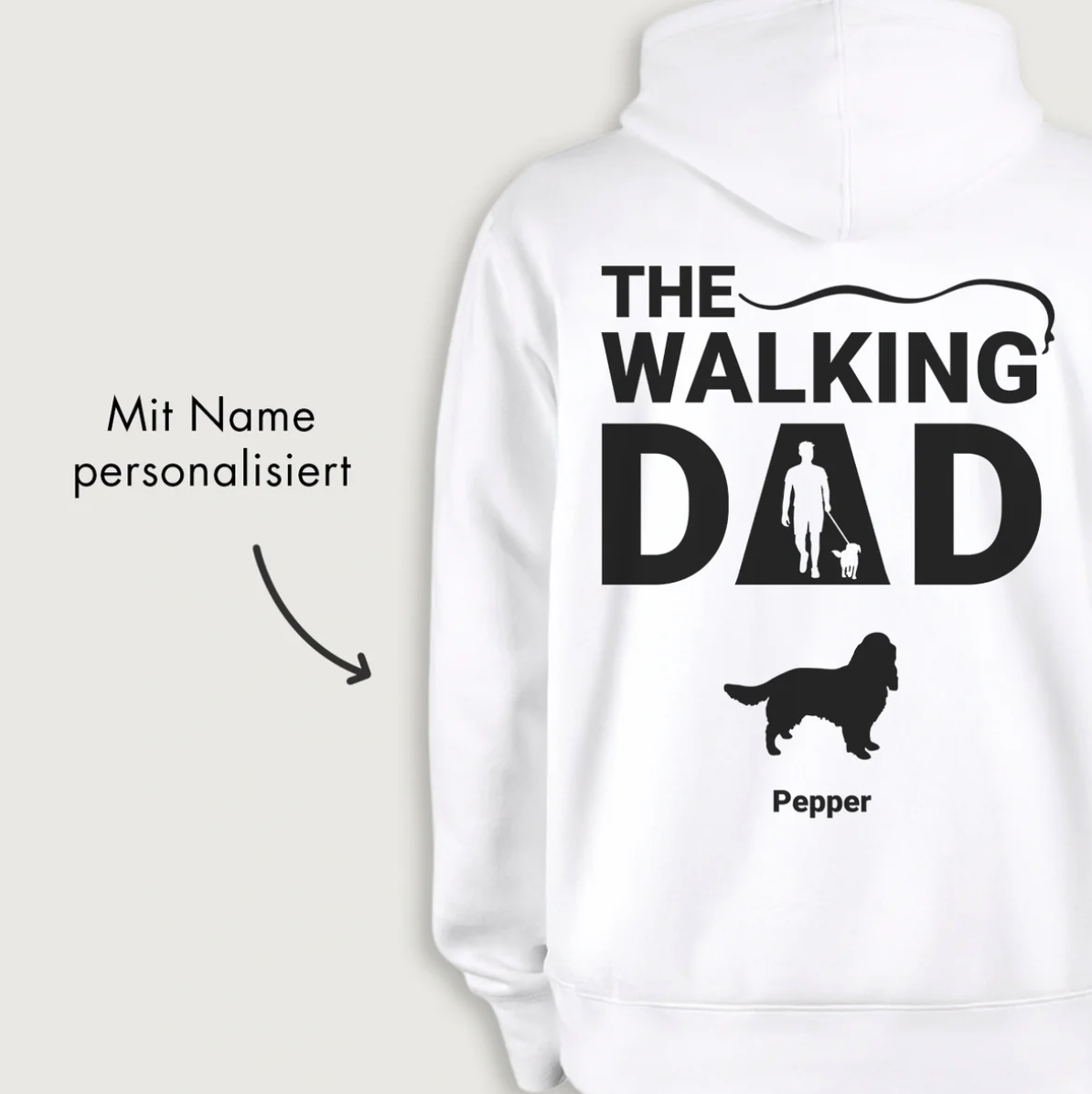 Witte hoodie met grafische print "THE WALKING DAD" en personaliseerbare naam.