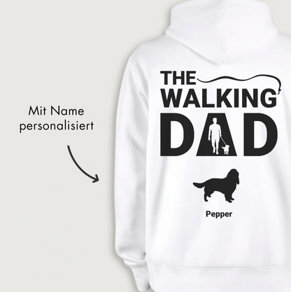 Witte hoodie met grafische print "THE WALKING DAD" en personaliseerbare naam.