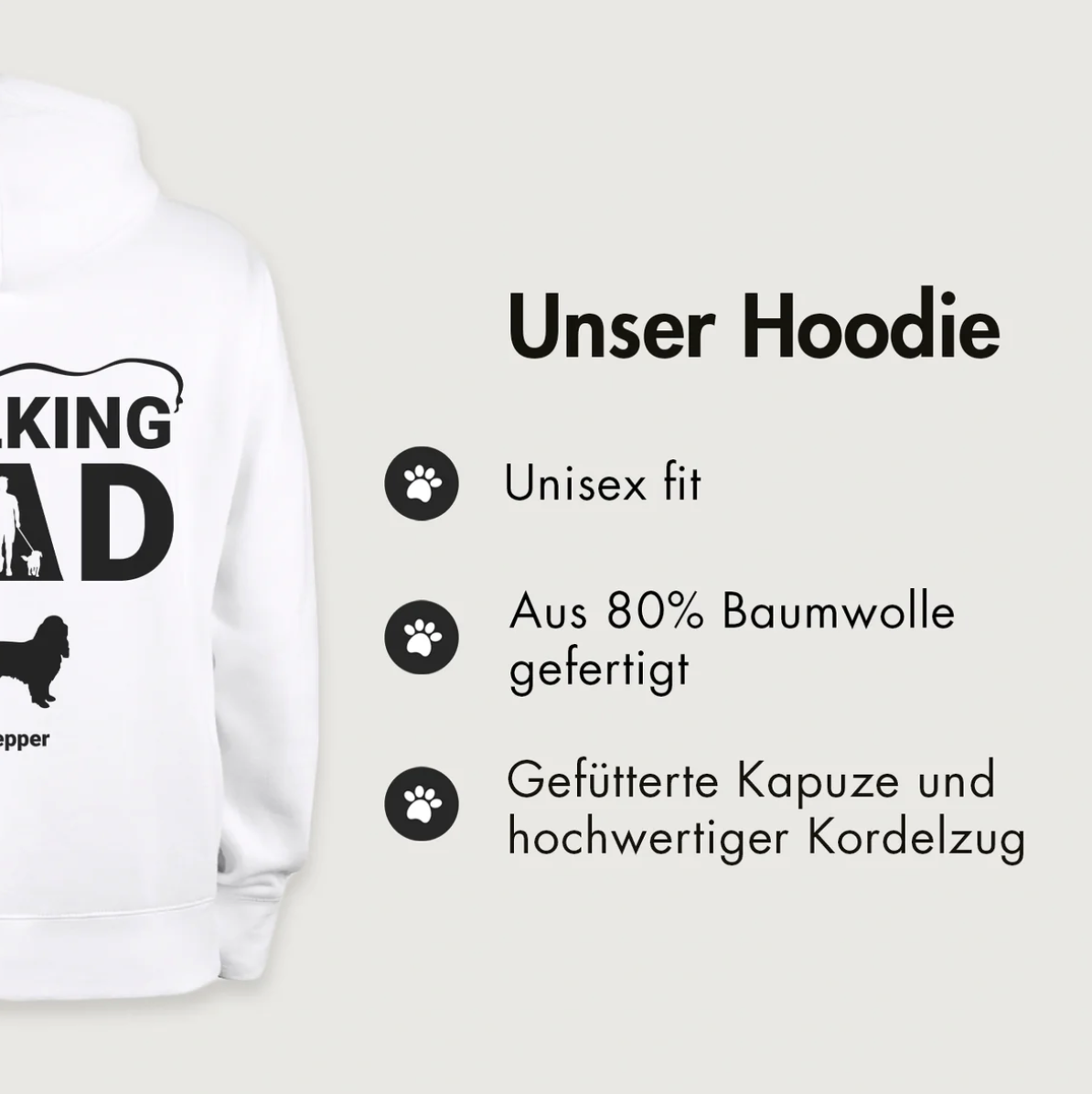 Witte hoodie met tekst "The Walking Dad", 80% katoen, unisex pasvorm, gevoerde capuchon.
