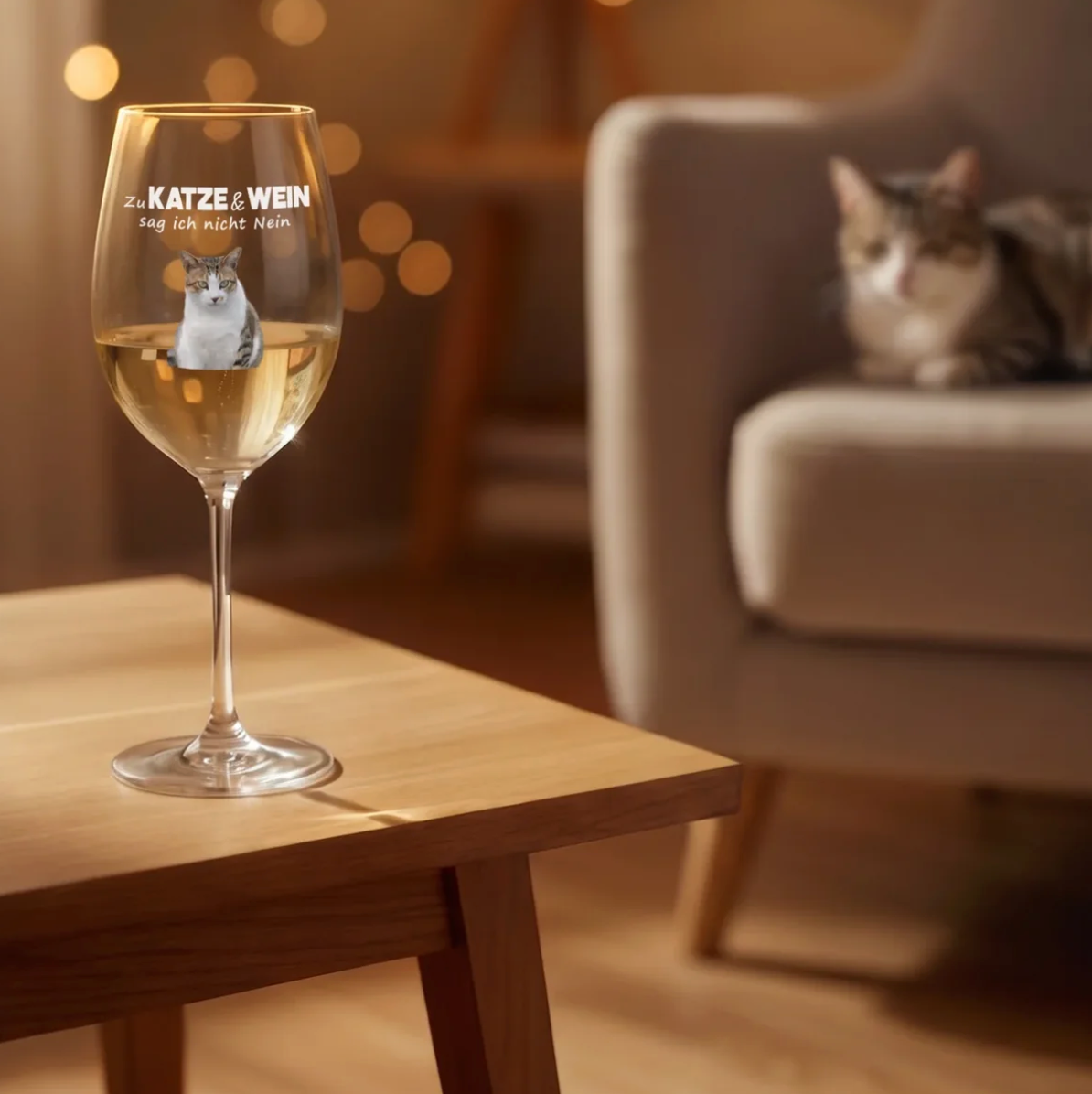 Gepersonaliseerd bedrukt wijnglas; transparant glas in een gezellig interieur met een kat op de achtergrond.