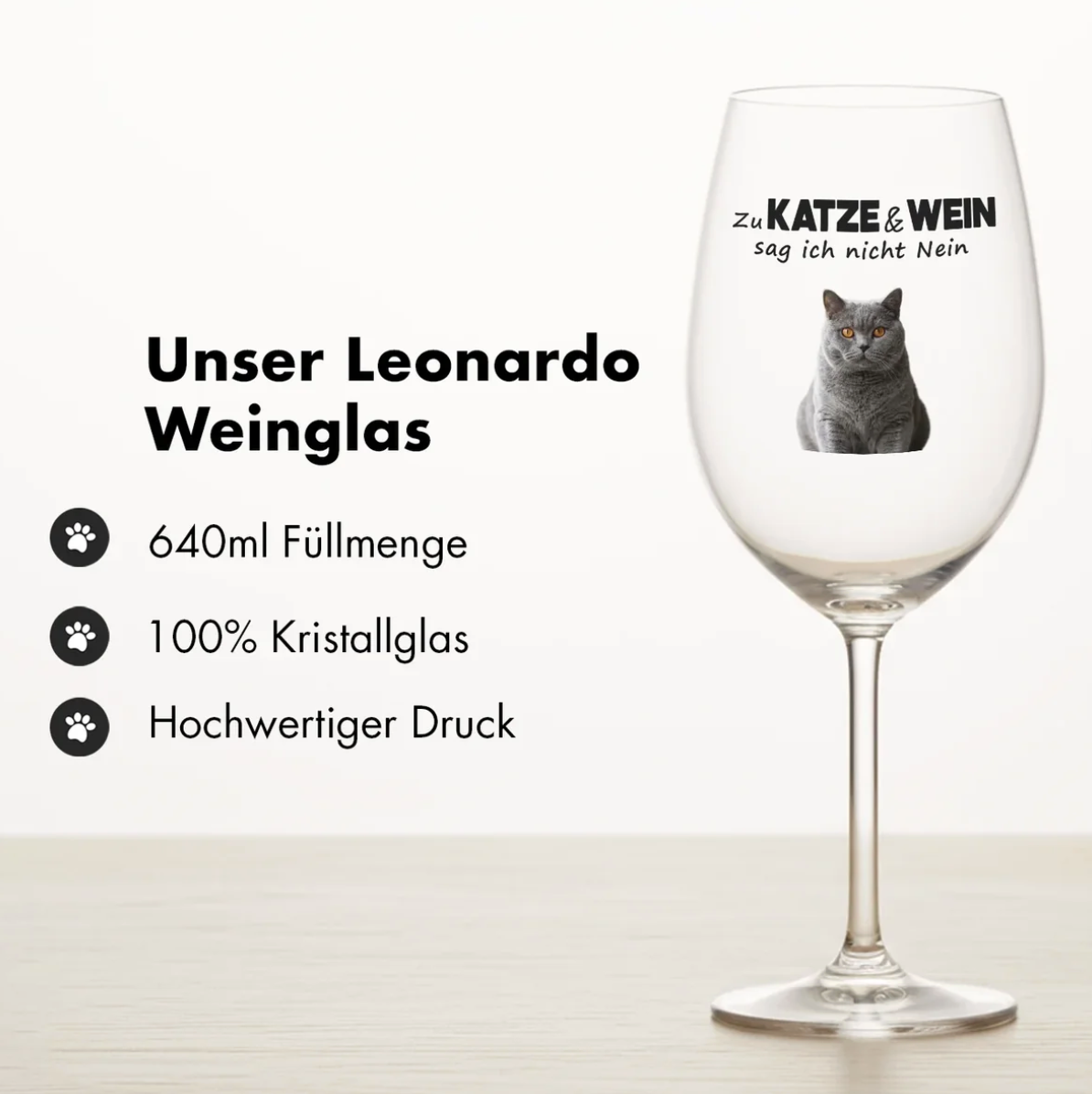 Gepersonaliseerd kristallen wijnglas met kattenafbeelding en tekst, inhoud 640 ml.