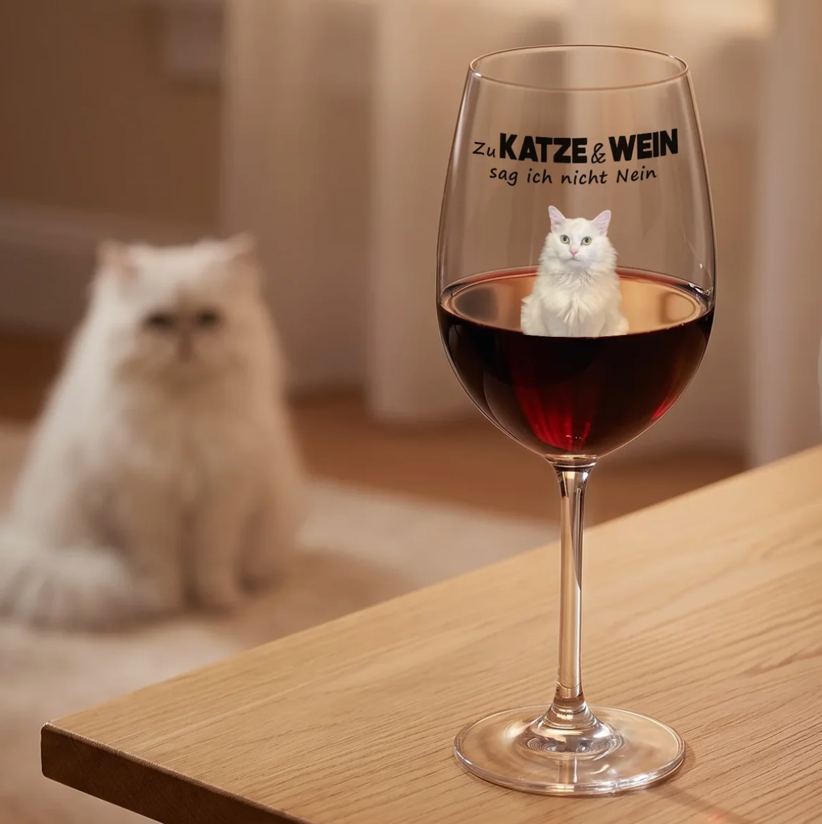 Gepersonaliseerd wijnglas met zwarte tekst en rode wijn, ernaast een witte kat op een houten tafel.