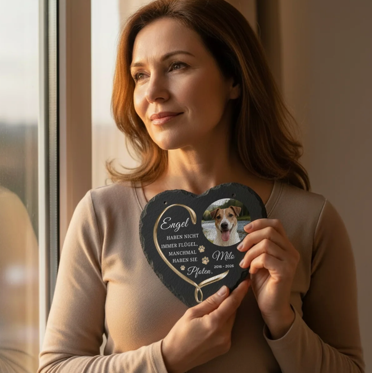 Gepersonaliseerde leistenen hartplaat met inscriptie en hondenfoto, vastgehouden door een vrouw.