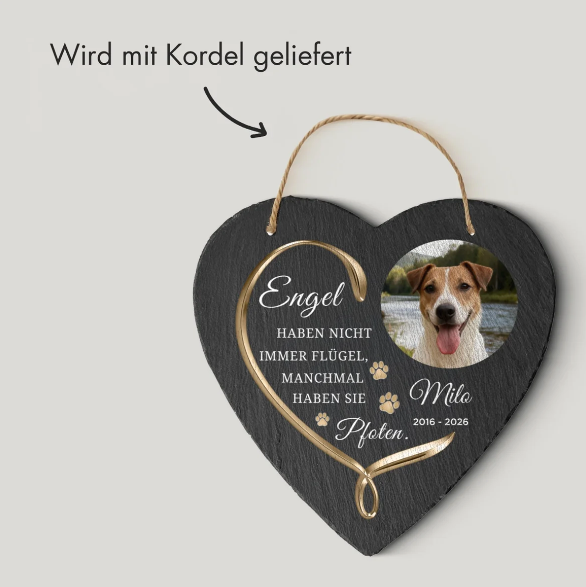 Gepersonaliseerde leistenen hartfotoplaat met inscriptie en koord, donkere leisteenkleur.
