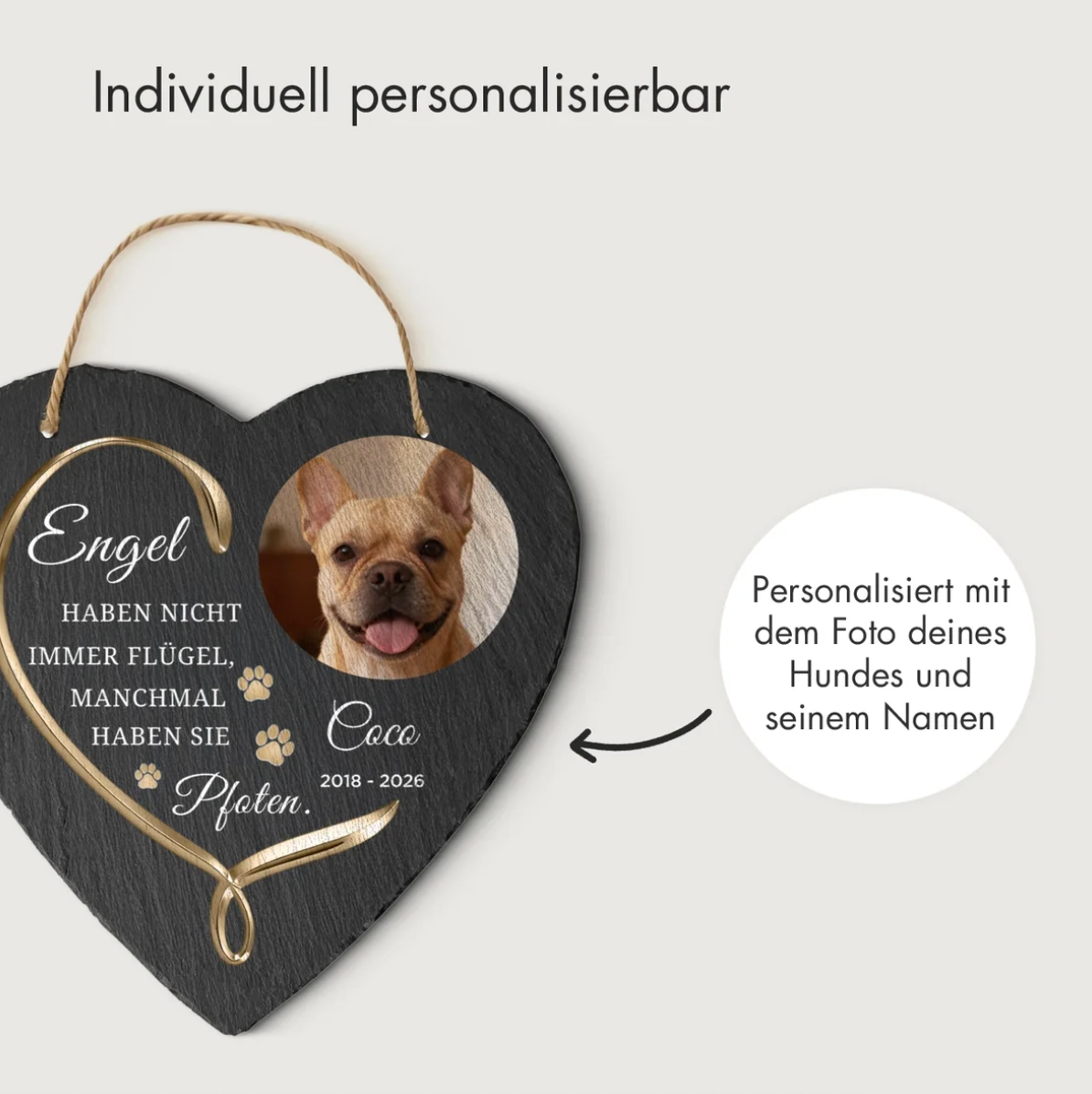Gegraveerd leistenen hart, personaliseerbaar met hondenfoto en naam, donkergrijs.