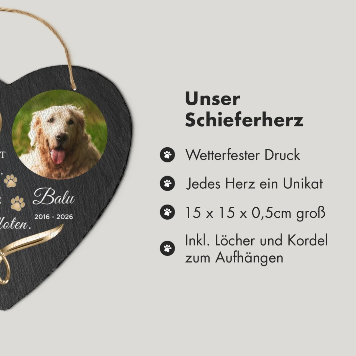 Personaliseerbaar leistenen hart met foto en tekst, 15x15 cm, weerbestendig, met ophanggat en koord.