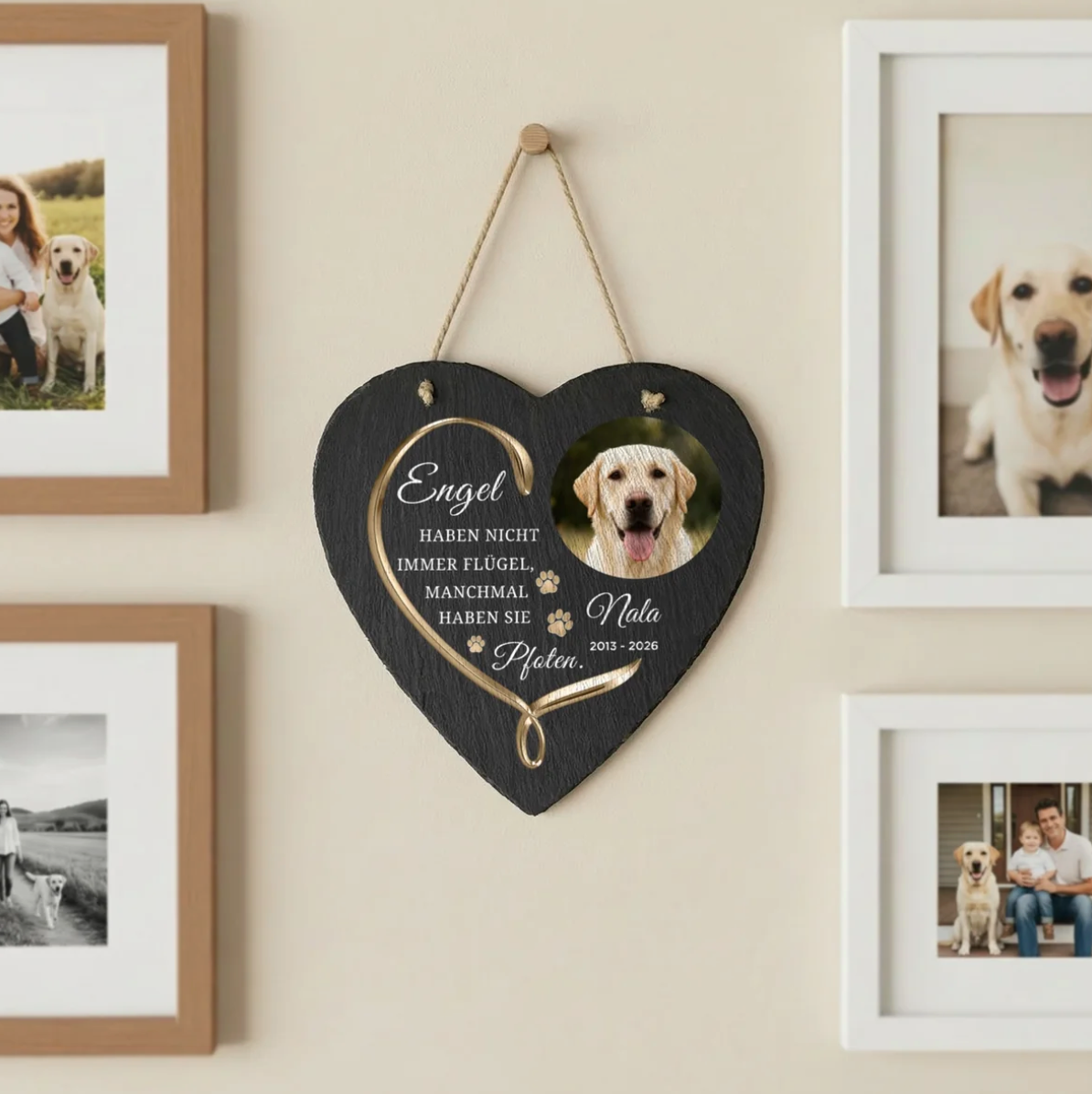 Gepersonaliseerd hartvormig leistenen hart met zwarte achtergrond en foto van een hond.