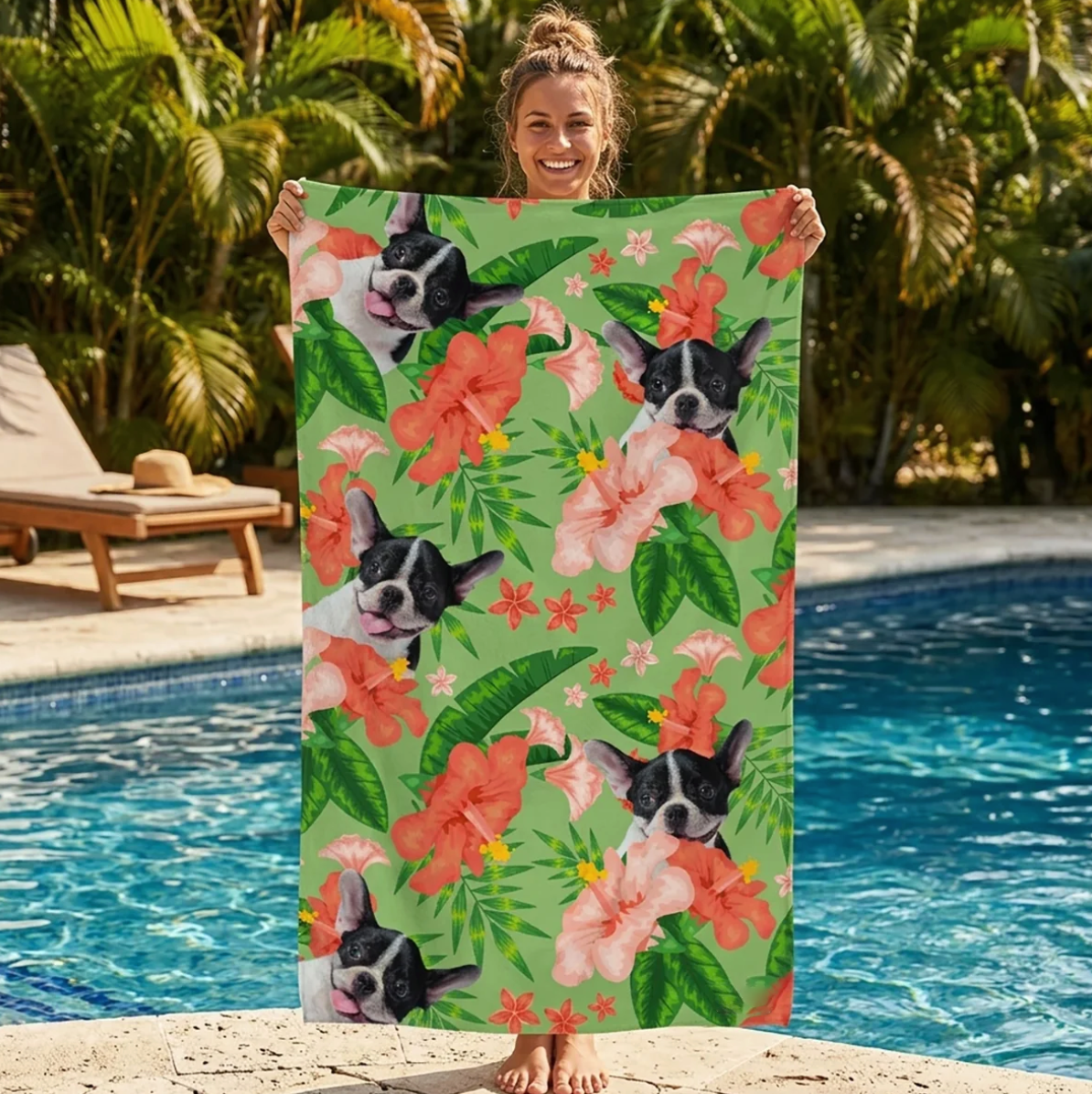 Personaliseerbare strandhanddoek met groene achtergrond en kleurrijk bloemen- en hondenpatroon.
