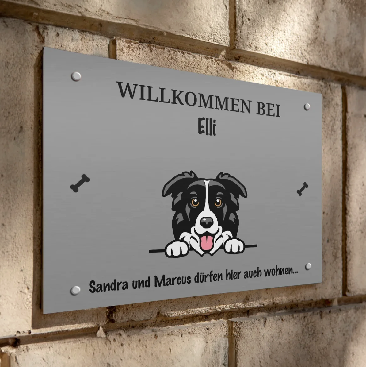 Plaque de porte en métal personnalisée avec motif de chien et le nom Elli, grise avec écriture noire.
