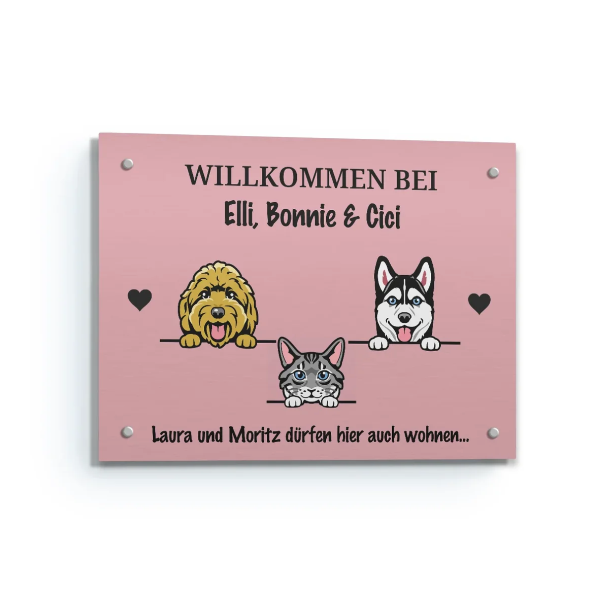 Plaque de porte en bois rose personnalisable avec illustrations d'animaux et texte.
