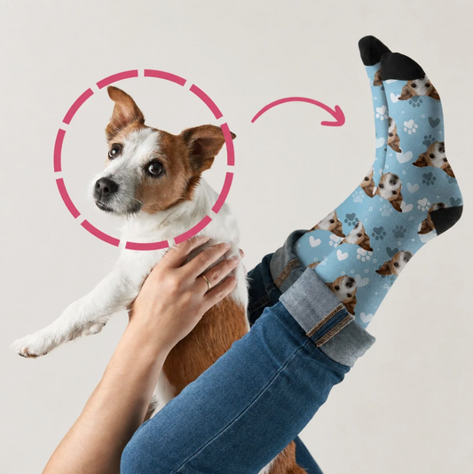Gepersonaliseerde sokken met blauw hondenpatroon en zwarte tenen, gedragen door iemand met een hond.