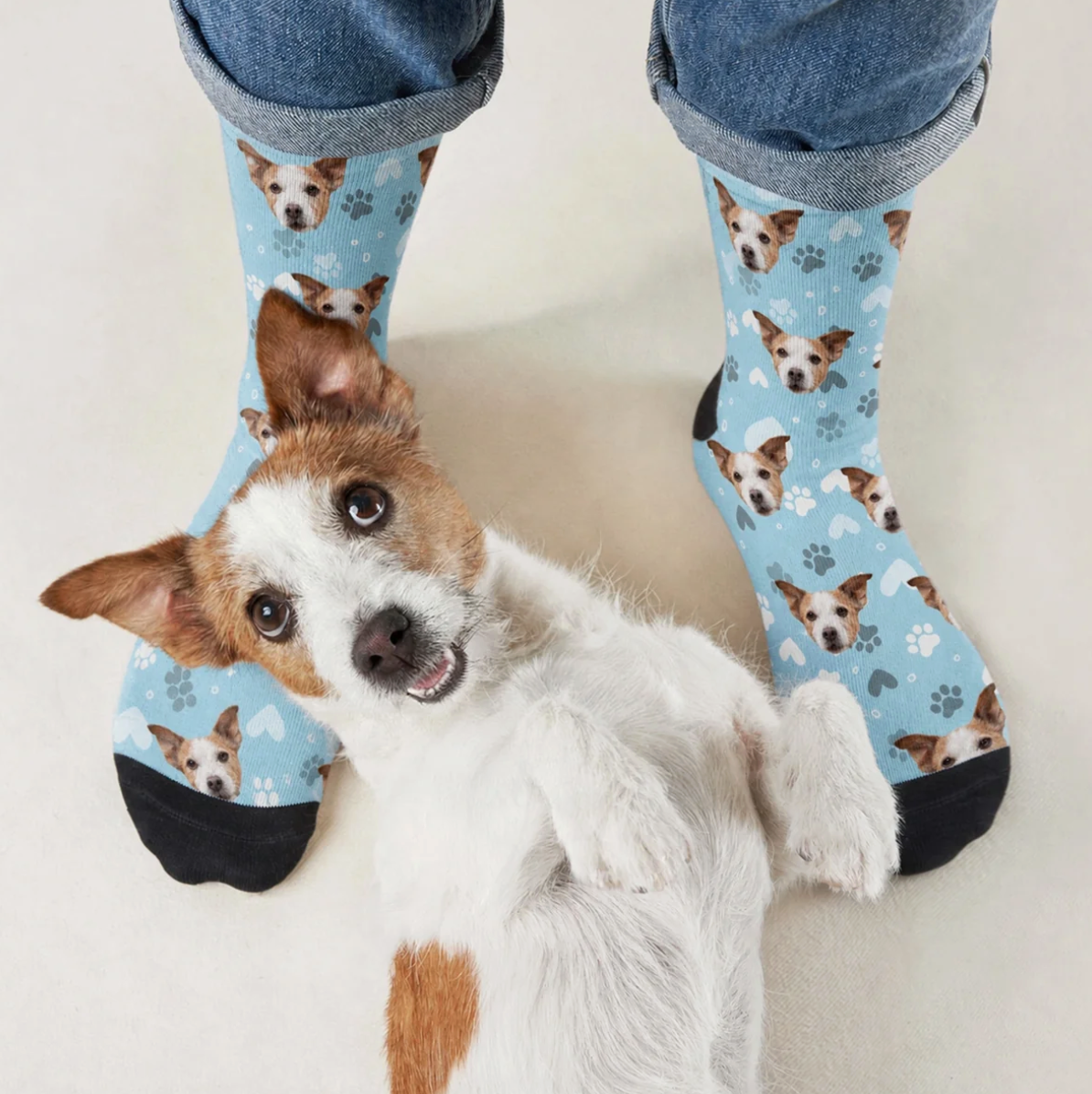 Gepersonaliseerde sokken met hondenmotief op lichtblauwe achtergrond en een hond die op de grond ligt.