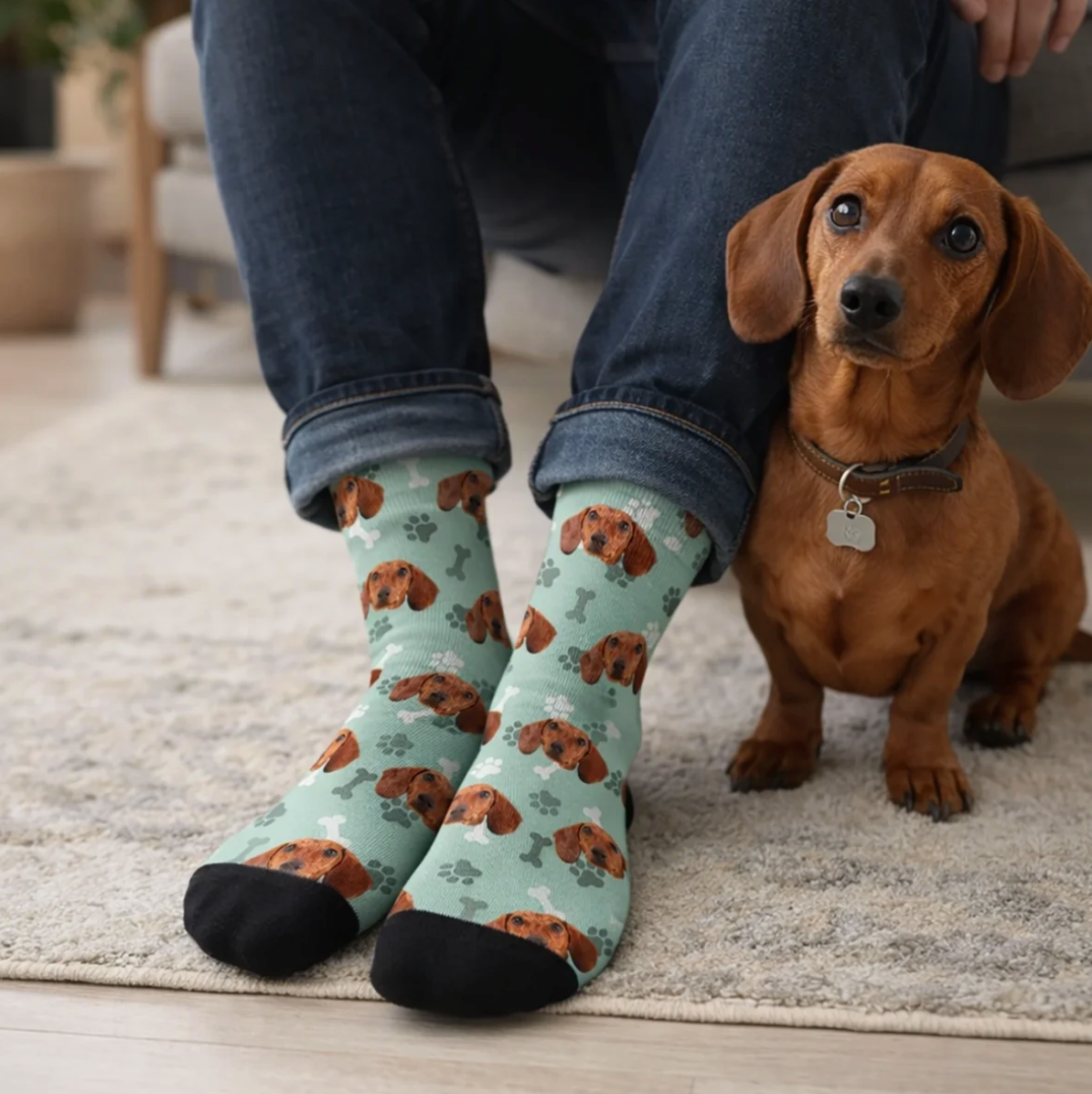 Gepersonaliseerde mintgroene sokken met hondenmotief en zwarte voet, gedragen door een persoon. Hond zit ernaast.