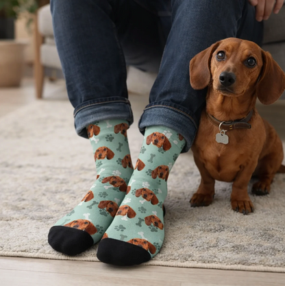 Gepersonaliseerde mintgroene sokken met hondenmotief en zwarte voet, gedragen door een persoon. Hond zit ernaast.