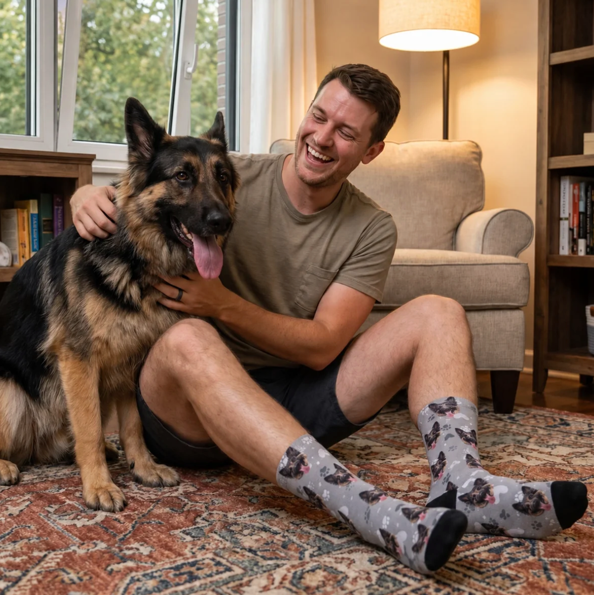Gepersonaliseerde grijze sokken met hondenmotief en zwarte en roze accenten, gedragen door een man met een hond.