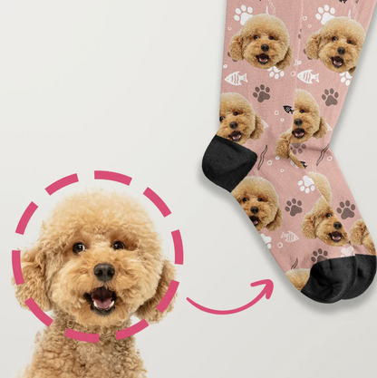 Gepersonaliseerde sokken met fotoprint van een hond op roze achtergrond en zwarte boord.