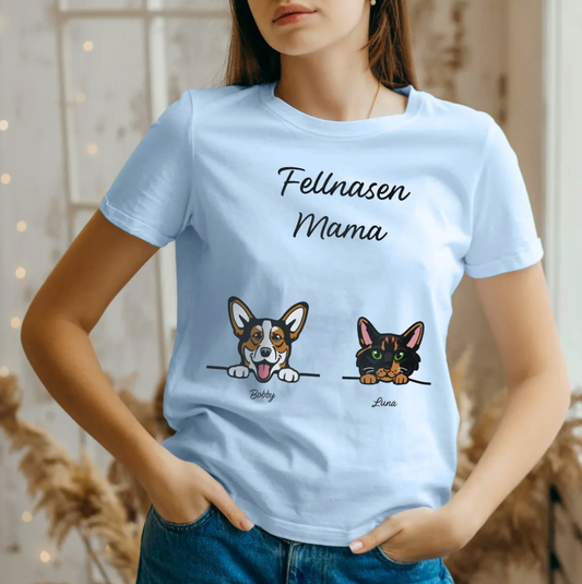 T-shirt bleu pour parents d'animaux avec motif corgi et chat et le texte "Fellnasen Mama".