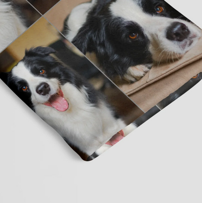 Gepersonaliseerde huisdierdeken met foto's van een hond, zacht en in verschillende kleuren.