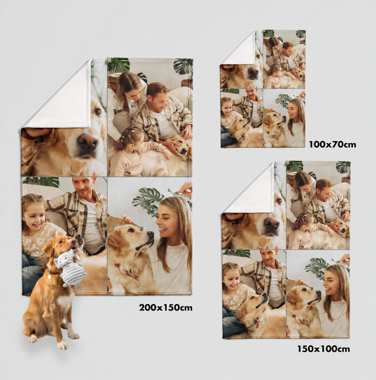 Gepersonaliseerde huisdierdeken in verschillende maten met foto's van gezin en hond, zacht materiaal.