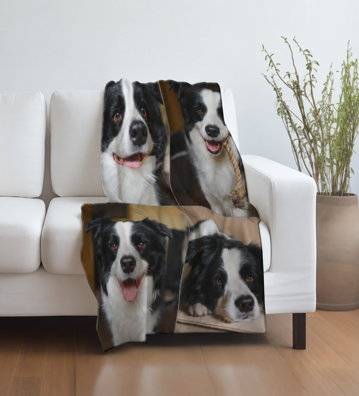 Gepersonaliseerde huisdierdeken met foto's van zwart-witte honden op een witte bank.