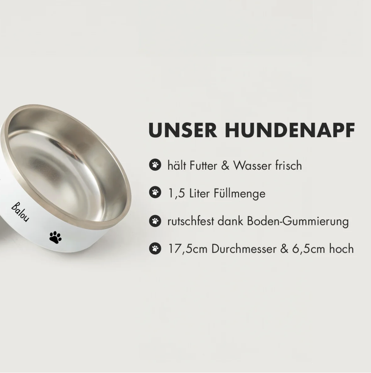 Gamelle personnalisée en inox avec bord blanc et impression noire, contenance 1,5 litre.