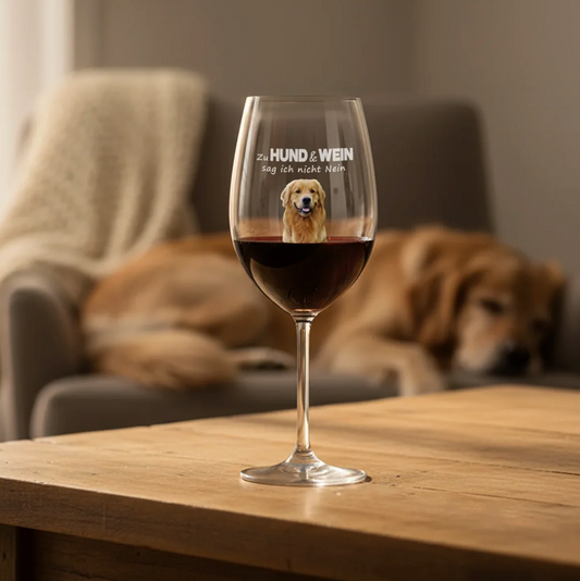 Gepersonaliseerd wijnglas met hondenmotief en tekst, gevuld met rode wijn op een houten tafel.