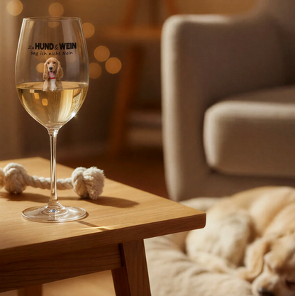 Verre à vin personnalisé avec inscription et motif de chien, sur une table en bois avec des jouets.