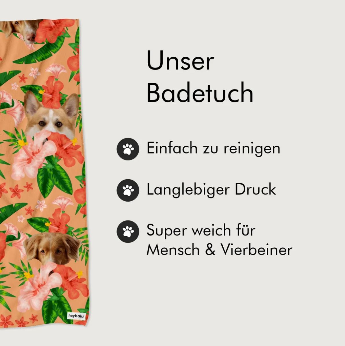 Personaliseerbare badhanddoek met bloemen- en dierenmotief op koraalkleurige ondergrond. Zacht en makkelijk in onderhoud.