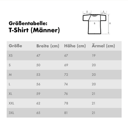 Maattabel voor gepersonaliseerde heren-T-shirts met maten in cm.