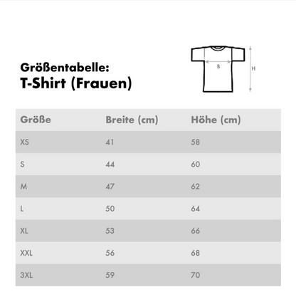 Maattabel voor dames-T-shirts met maten in breedte en lengte.