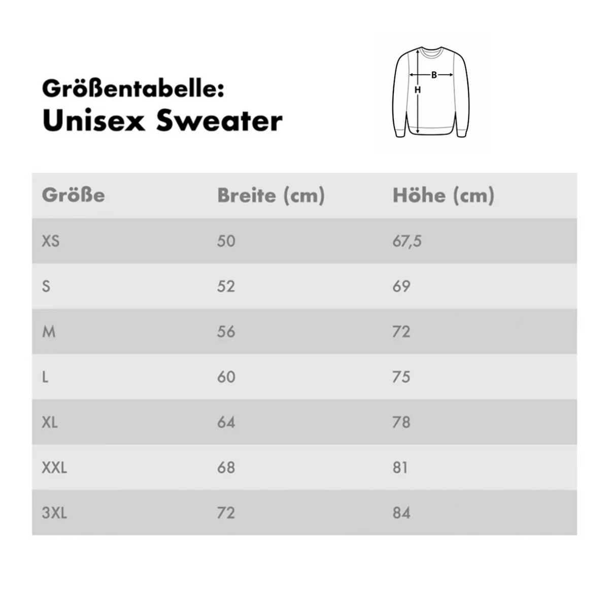 Maattabel voor unisex sweaters met maten in cm van XS tot 3XL.